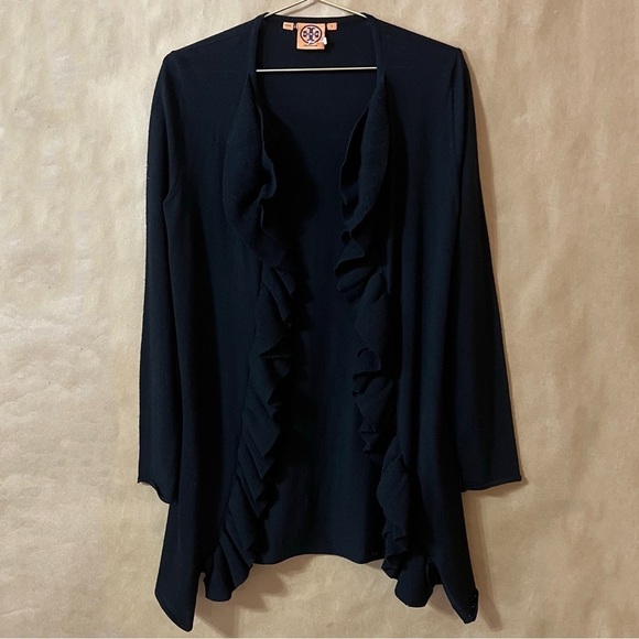 Tory Burch | Merino Wool Ruffle Trim Cardigan Sweater Open Front Black Size S - Picture 1 of 16
